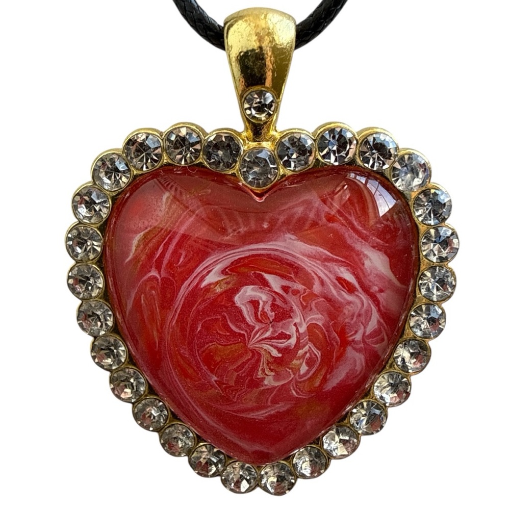 Handmade Red Heart Pendant Necklace Metallic Gold Rose Swirl Rhinestone Halo